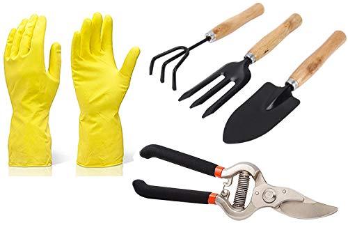 UltraMart Gardening Tools - Reusable Rubber Gloves, Pruners Scissor(Flower Cutter) & Garden Tool Wooden Handle (3pcs-Hand Cultivator, Small Trowel, Garden Fork)