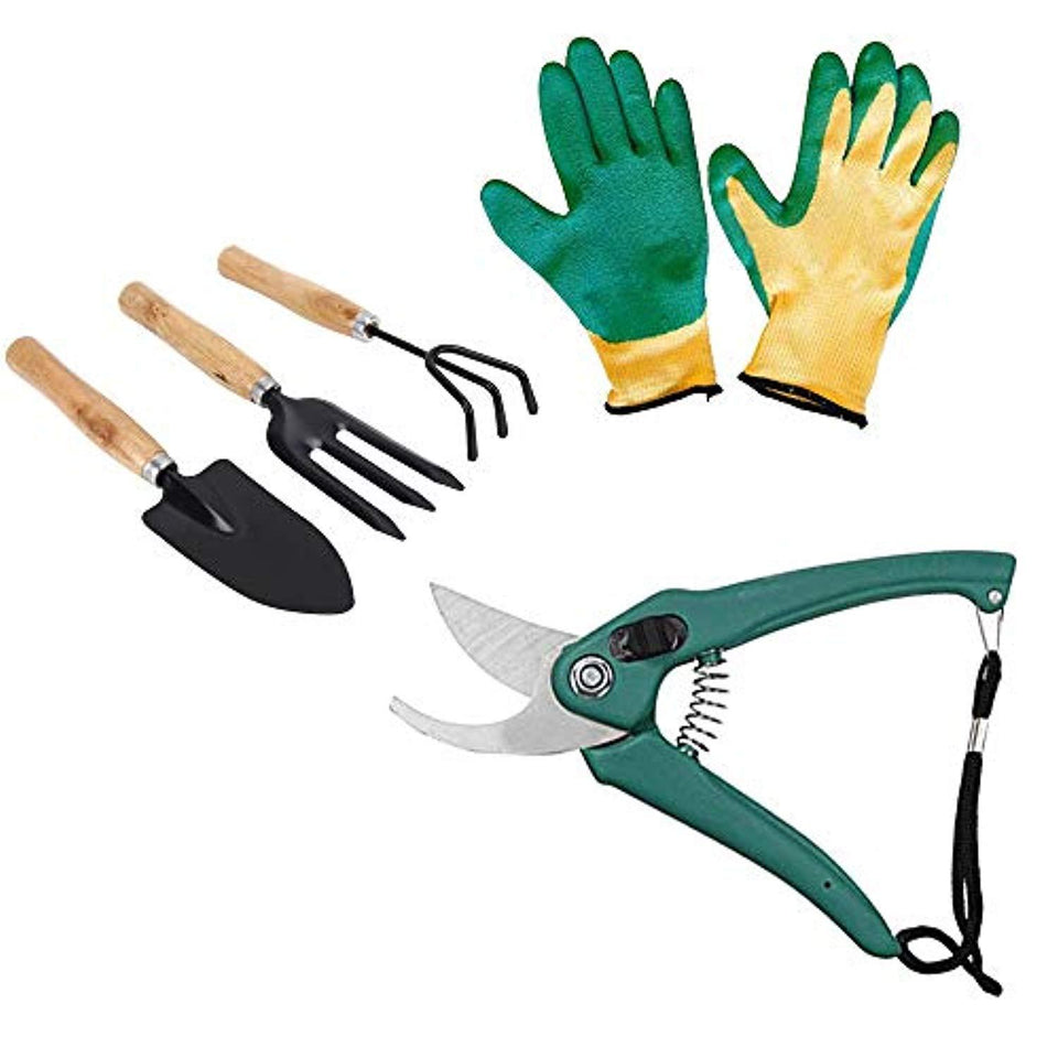 UltraMart Gardening Tools - Falcon Gloves, Flower Cutter/Scissor & Garden Tool Wooden Handle (3pcs-Hand Cultivator, Small Trowel, Garden Fork)