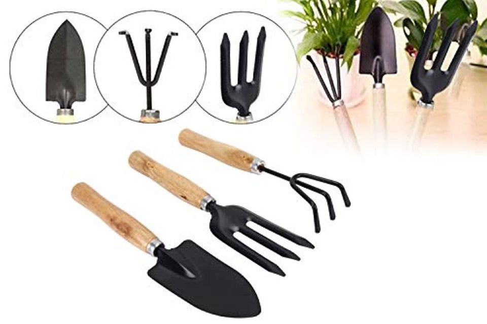 UltraMart Gardening Tools - Falcon Gloves, Flower Cutter/Scissor & Garden Tool Wooden Handle (3pcs-Hand Cultivator, Small Trowel, Garden Fork)